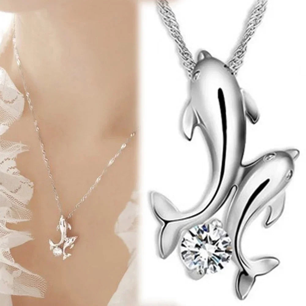 FREE Shipping - Double Dolphin Rhinestone Pendant Necklace - 18 inch zinc alloy chain