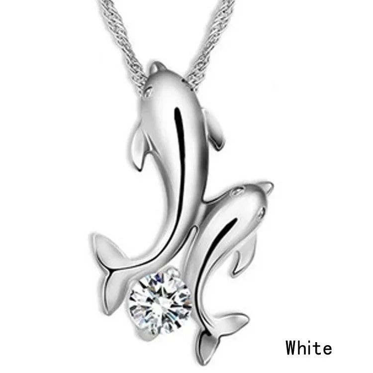 FREE Shipping - Double Dolphin Rhinestone Pendant Necklace - 18 inch zinc alloy chain