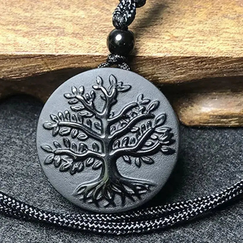 Natural Genuine Obsidian Life Tree Necklace Pendant - Healing Crystal Guardian Pendant