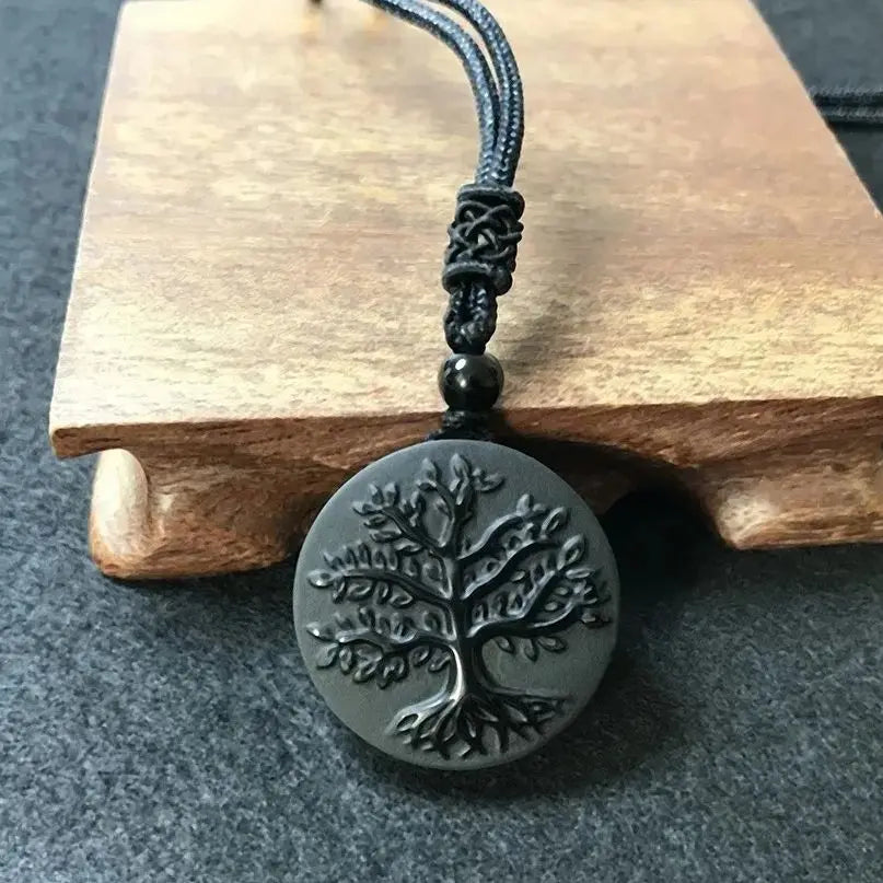 Natural Genuine Obsidian Life Tree Necklace Pendant - Healing Crystal Guardian Pendant