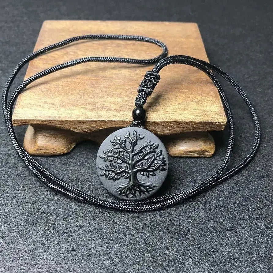 Natural Genuine Obsidian Life Tree Necklace Pendant - Healing Crystal Guardian Pendant