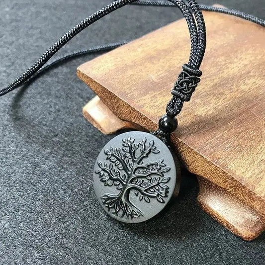 Natural Genuine Obsidian Life Tree Necklace Pendant - Healing Crystal Guardian Pendant