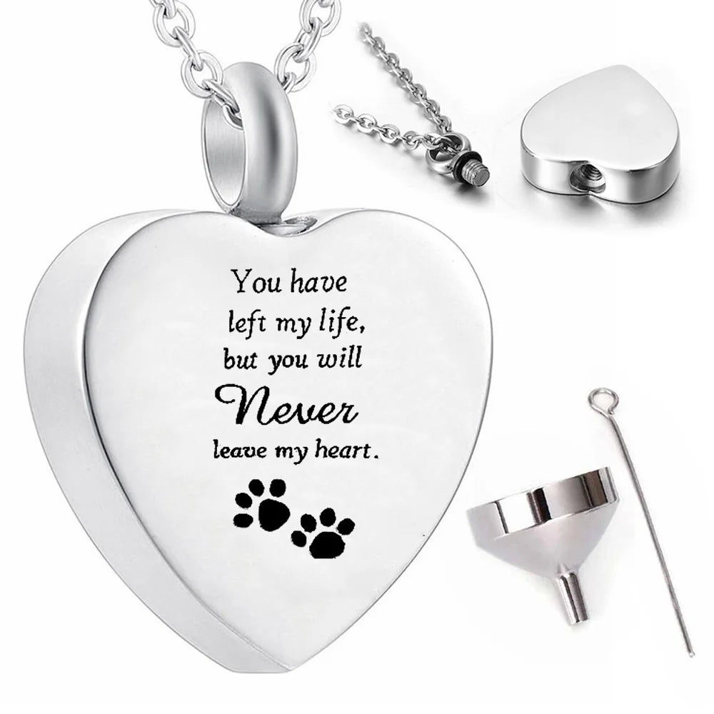 FREE Shipping - Silver Heart Cremation Jewelry Pendant Necklace - Pet Dog Ashes - Urn Pendant Keepsake Memorial - With Funnel Filling Tool